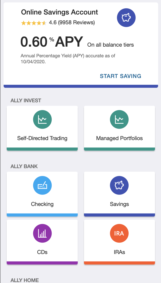 Ally Bank Android explore products and rates page