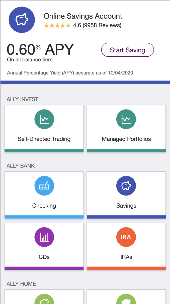 Ally Bank iOS explore products and rates page